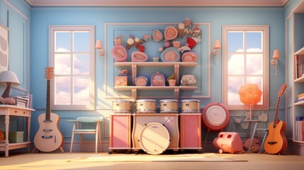 A colorful and whimsical music room with a variety of musical instruments and toys. - obrazy, fototapety, plakaty