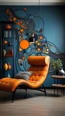 Blue and orange retro home interior design