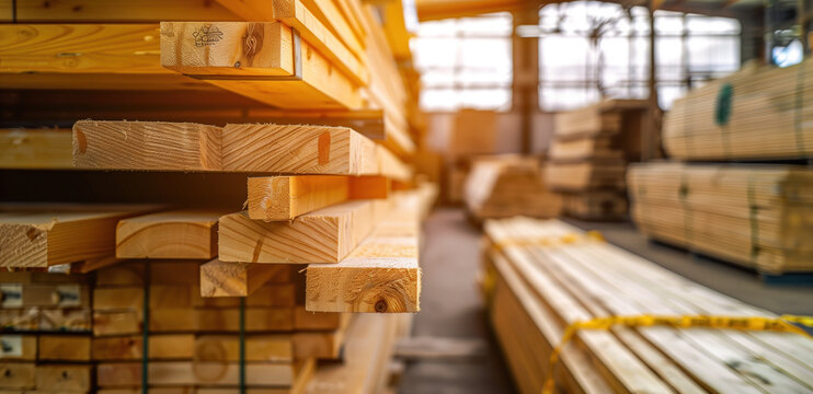 Description: Close-up view of neatly stacked timber planks in a hardware store, highlighting the texture and natural patterns of the wood.