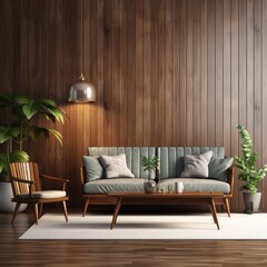retro wood living room interior design