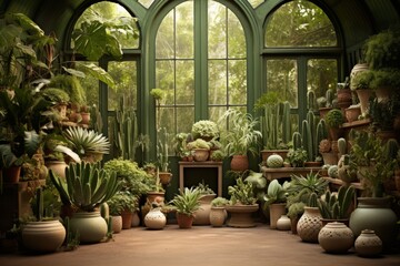Indoor garden with a variety of potted plants - obrazy, fototapety, plakaty