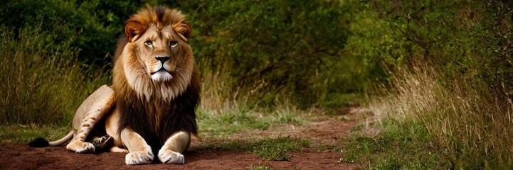 Naklejka premium Big lion lying on savannah grass. Landscape with characteristic trees on the plain and hills in the background.with Generative AI technology