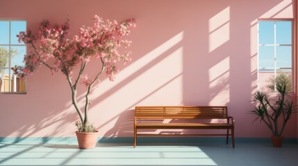 Pink and blue room with a tree and bench