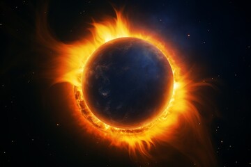 Naklejka premium solar eclipse with a spectacular corona and prominences surrounding the darkened sun against the backdrop of dark outer space. Concept: illustrations of cosmic phenomena, astronomy