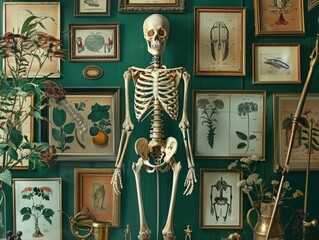Vintage anatomy classroom with an elegant skeleton display - obrazy, fototapety, plakaty