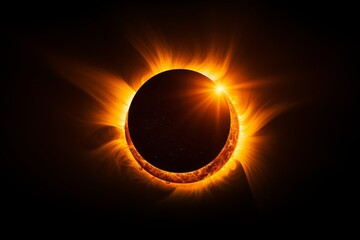 solar eclipse with a spectacular corona and prominences surrounding the darkened sun against the backdrop of dark outer space.
Concept: illustrations of cosmic phenomena, astronomy