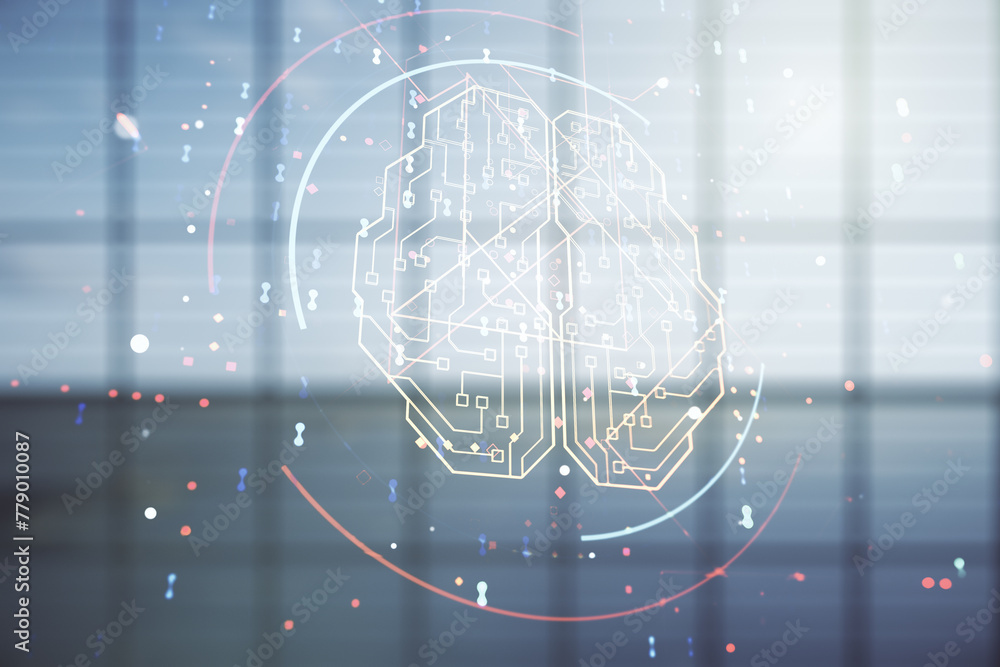 Poster double exposure of creative artificial intelligence interface on empty modern office background. neu