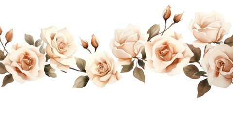 Tan roses watercolor clipart on white background, defined edges floral flower pattern background with copy space for design text or photo backdrop minimalistic  - obrazy, fototapety, plakaty