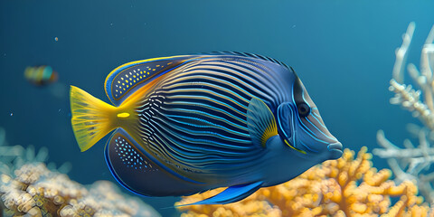 Ocean Background with Colorful Surgeonfish Swimming, Colorful Surgeonfish Gliding in Ocean...