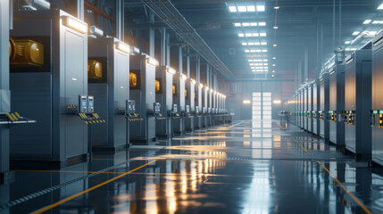 A cutting-edge renewable energy storage facility with battery banks and control systems, temporarily at rest but capable of storing and distributing clean energy