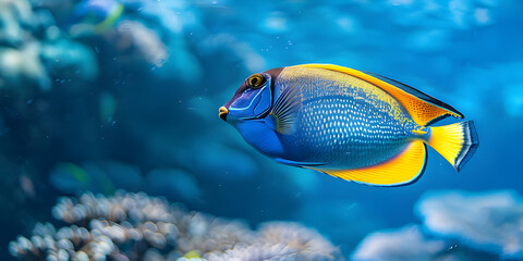 Ocean Background with Colorful Surgeonfish Swimming, Colorful Surgeonfish Gliding in Ocean Background, Vibrant Surgeonfish Swimming in Oceanic Background - Ai Generated