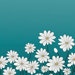 Teal and white daisy pattern, hand draw, simple line, flower floral spring summer background design with copy space for text or photo backdrop