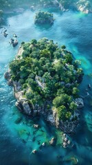 Small rocky island with green vegetation in the middle of the ocean