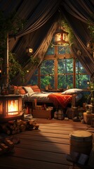 Cozy bedroom interior with fireplace and forest view