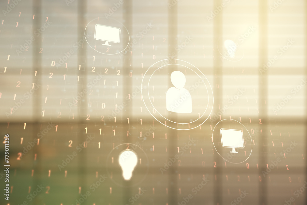 Poster double exposure of social network icons hologram on empty room interior background. networking conce