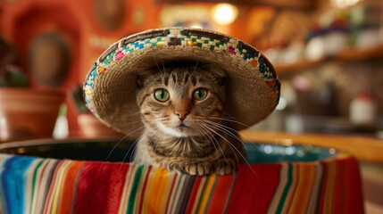 Portrait of a cat in a sombrero