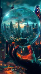 Futuristic City Skyline Reflected in Illuminated Crystal Ball Held in Hand