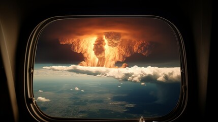 Fototapeta premium A mushroom cloud from a nuclear explosion as seen from an airplane window