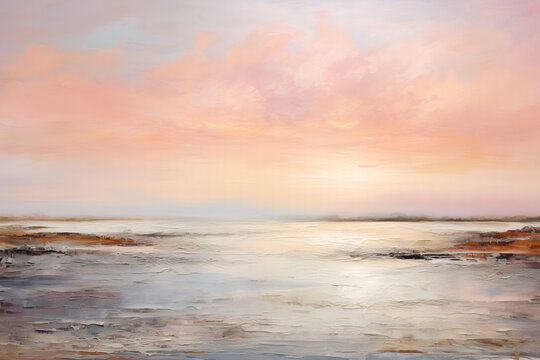 Seascape in pink tones. Oil painting in impressionism style. Horizontal composition.