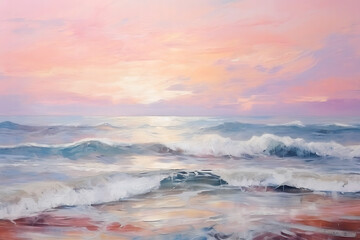 Seascape in pink tones. Oil painting in impressionism style. Horizontal composition. - obrazy, fototapety, plakaty