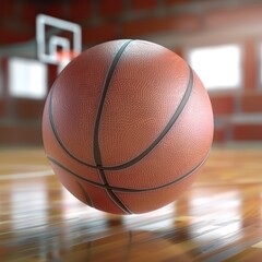 A glossy 3D basketball icon spinning on its axis detailed with the texture of the rubber and the lines clearly defined