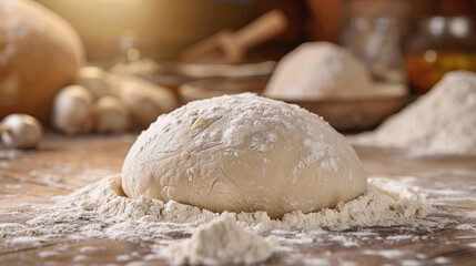 Fototapeta na wymiar Photo of raw dough in bread flour