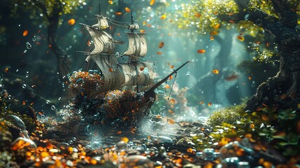 A fantasy scene where tiny creatures are building a ship from discarded bottles and trash, set in an enchanted forest