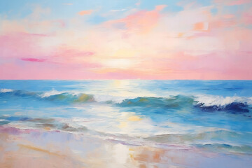 Seascape in pink tones. Oil painting in impressionism style. Horizontal composition. - obrazy, fototapety, plakaty