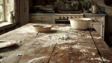 Old long wooden brown kitchen table with flour scattered on it