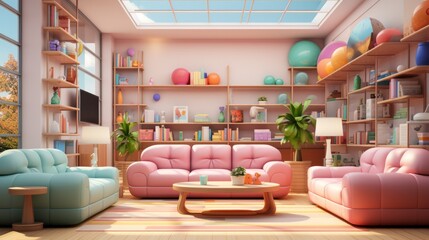 A colorful living room with pink and blue furniture and a large bookshelf