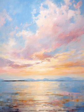 Seascape in pink tones. Oil painting in impressionism style. Vertical composition.