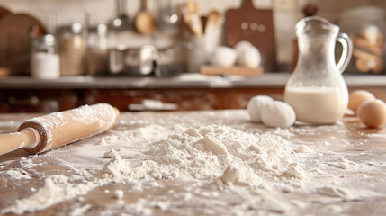 Kitchen table with flour and rolling pin - Powered by Adobe
