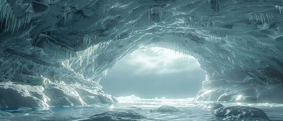 A highresolution 3D model of an ice cave with shirts as banners and seaweed growing on the icy walls - obrazy, fototapety, plakaty
