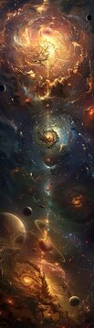Illustrate a thought-provoking scene from above, depicting humans contemplating the mysteries of the cosmos Include symbolic elements that convey the intersection of cosmic 