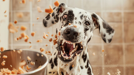 Dalmatian Dog Caught Mid-Meal with Food Flying Around