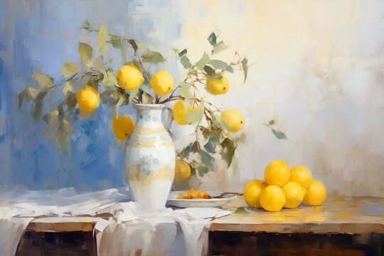 Still life with lemons and a vase in yellow tones. Oil painting in impressionism style. Horizontal composition.