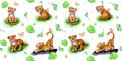 watercolor  seamless pattern of tigers