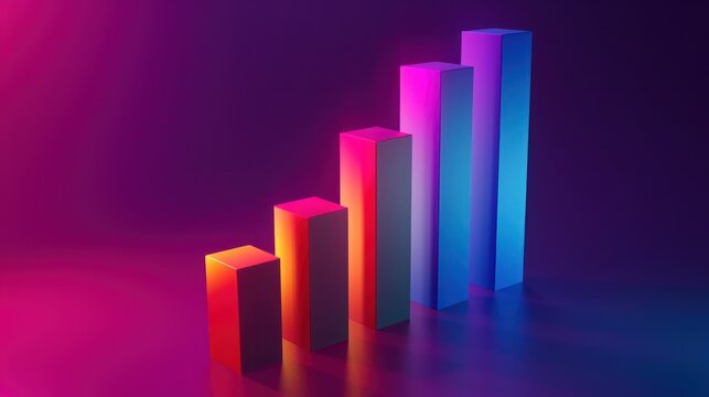 A 3D bar chart icon with rising columns in gradient colors