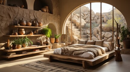 Earthy bedroom interior with large arched window - obrazy, fototapety, plakaty