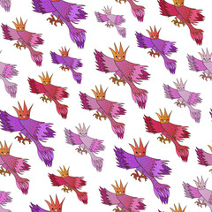 Purple, red and pink shaded fantasy birds on white backdrop in attractive surface art design. Colorful flashy fictional birds repeated in vector seamless pattern.