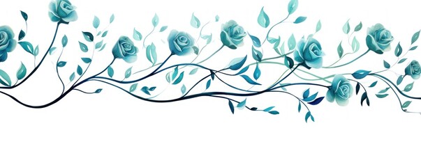 Fototapeta na wymiar Teal roses watercolor clipart on white background, defined edges floral flower pattern background with copy space for design text or photo backdrop minimalistic 