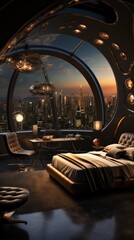 Futuristic bedroom with a city view