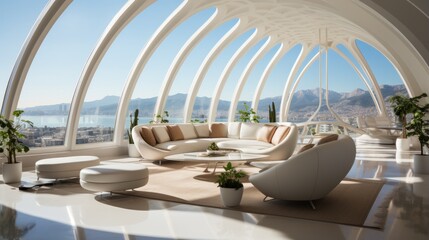 Obraz na płótnie Canvas Modern interior design living room with large windows and white furniture