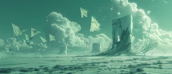 A surreal illustration of a vast field of ice, where seaweed grows instead of grass, and shirts flutter in the wind like flags