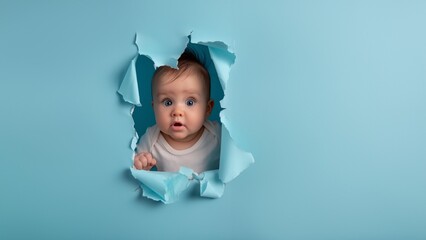 Baby Gesicht schaut durch zerrissenen blauen Karton als Werbefoto mit Platzhalter, ai generativ 