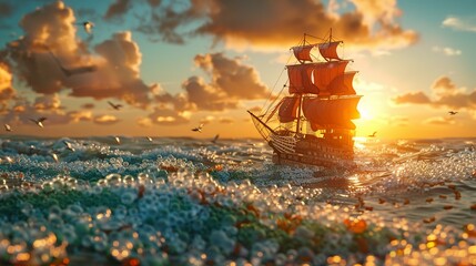 A vibrant 3D render of a pirate ship navigating through an ocean made entirely of plastic bottles, with a sunset in the background