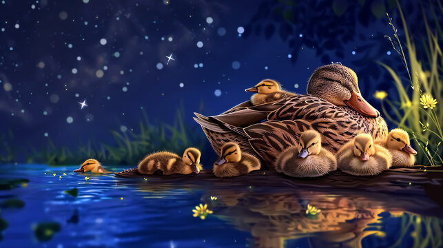 Duck family with ducklings on the lake at night, 3d render