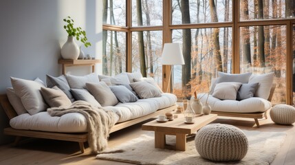 A cozy living room with a large sectional sofa, coffee table, rug, and lots of pillows and blankets
