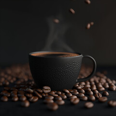 Black coffee surrounded by roasted coffee beans, black mug with black coffee 