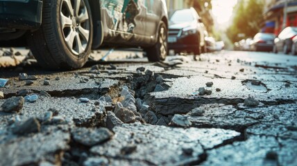 Close-up view of a damaged asphalt road - A detailed image capturing the broken and cracked surface of an asphalt road with parked cars in the background